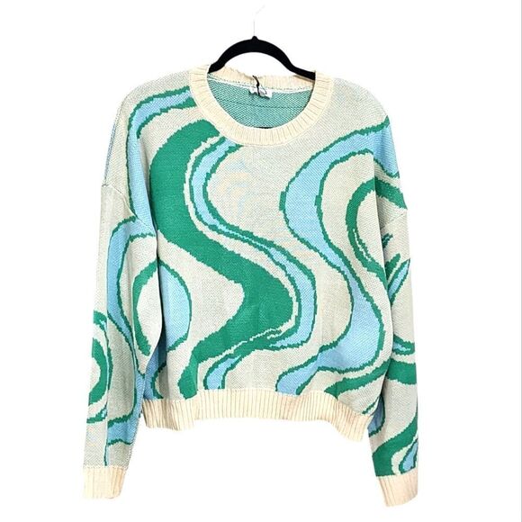 Le Lis sweater blue green & cream swirl wave Groovy boxy oversized NWT L - Picture 1 of 5